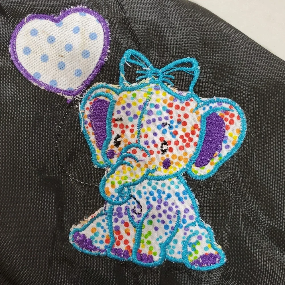 Black Nylon Backpack with Colorful Polka Dot Elephant Patch and Heart Balloon